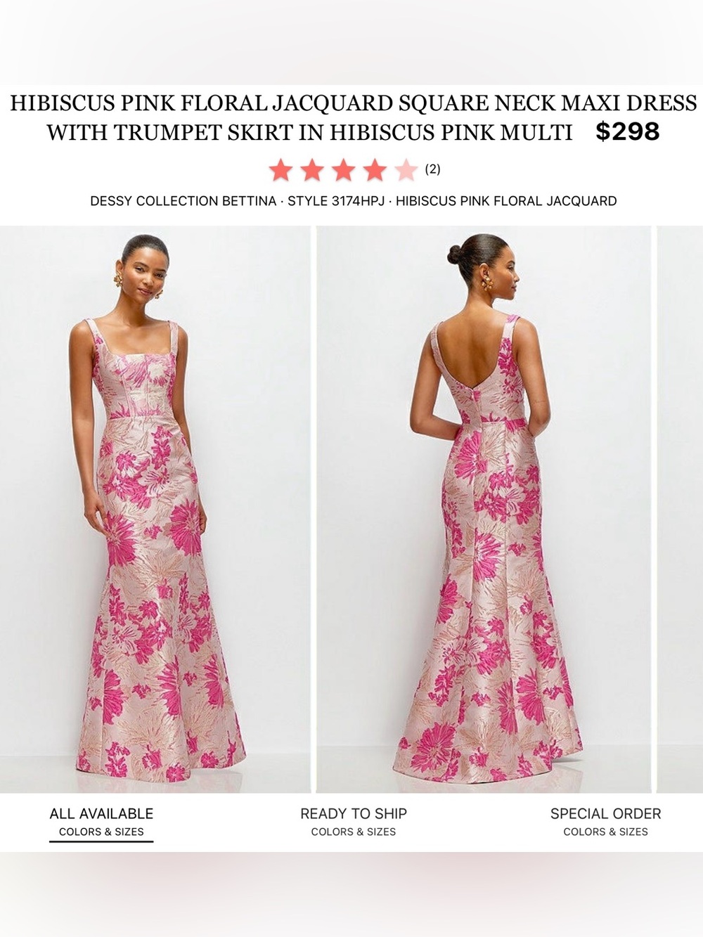 Dessy Collection Hibiscus Pink Floral Jacquard Square Neck Maxi Dress